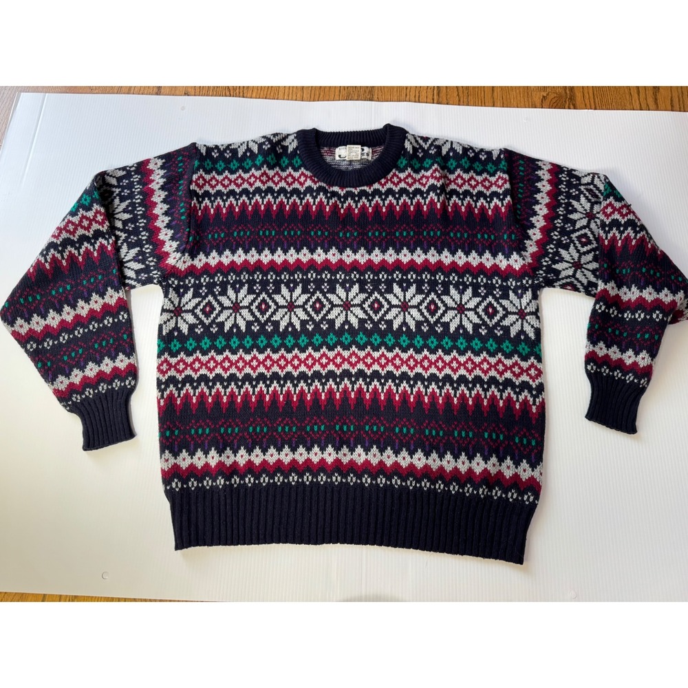 Vintage Steep Slopes Mens XL Fair Isle Snowflake Knit Crewneck Sweater Navy Blue